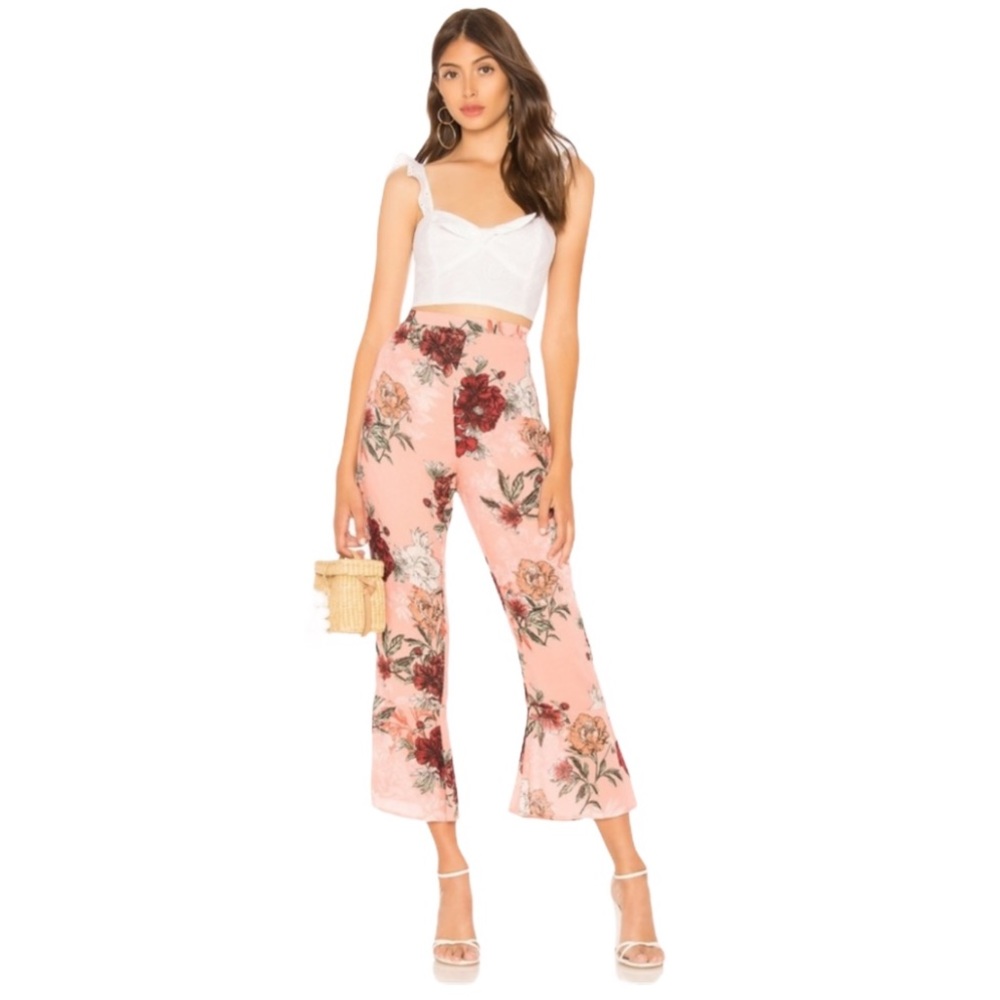 BB Dakota Revolve Pink Sugar Coral Floral Cropped Pant w/Flared Ruffle Hem 6